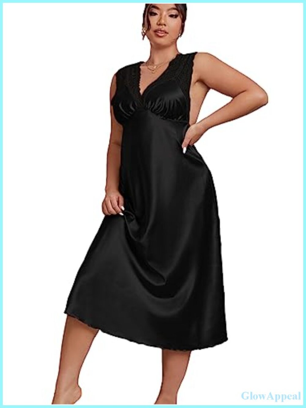Plus Size Satin Sleeveless V-Neck Nightgown Lace Trim Sleepwear